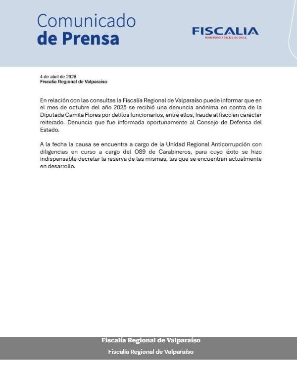 La “Cuota Flores”: Fiscalía indaga si asesores entregaban parte de sus sueldos a la senadora 1 comunicado fiscalia valparaiso
