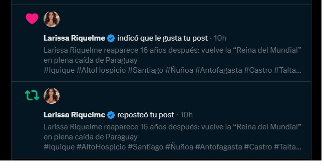 Larissa Riquelme destacó con un corazón la nota de El Sol de Iquique sobre su aparición en el Mundial 2026 1 x larisa r