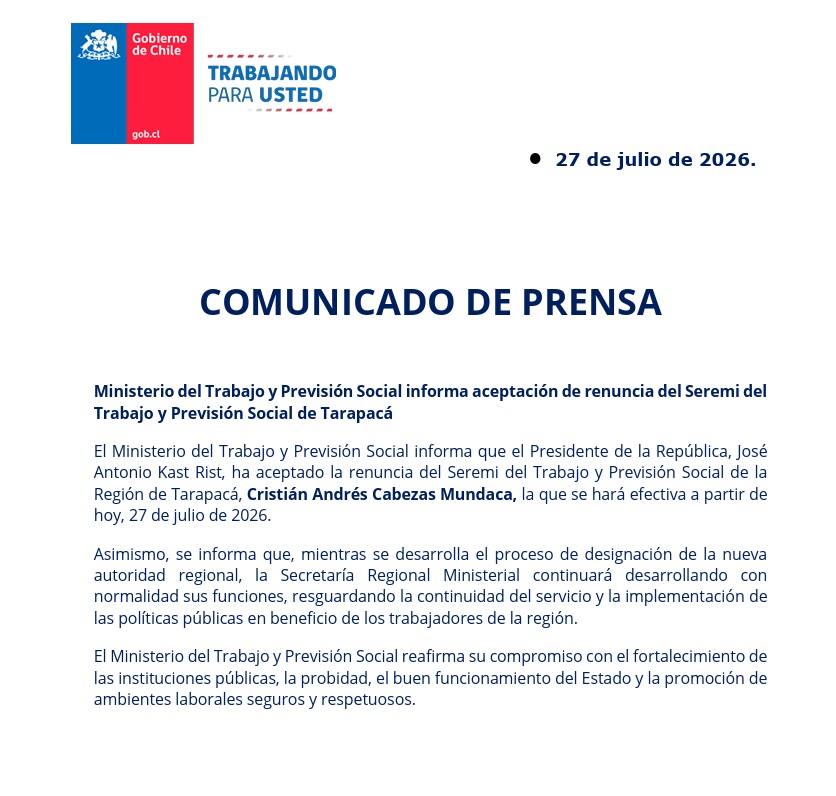 Cristian Cabezas renuncia a la Seremi del Trabajo tras 120 días marcados por denuncias y controversias 1 comunicado